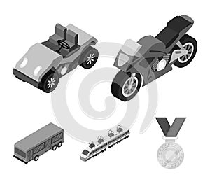 Motorcycle, golf cart, train, bus. Transport set collection icons in monochrome style vector symbol stock illustration