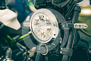 Motorcycle headlights. exterior details. Close-up detail LED headlights