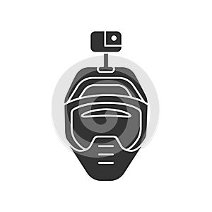 Motorcycle helmet with action camera black glyph icon. Photography and video surveillance concept. Head protection for extreme