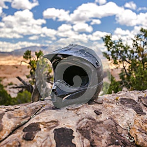 Motorcycle helmet with view of mountain and sky