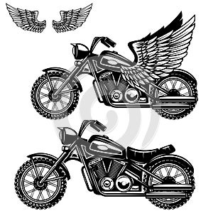 Motorcycle illustration on white background. Winged motorbike. Design elements for logo, label, emblem, sign, badge, poster. Vecto photo