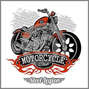 Motorcycle label t-shirt design with illustration of custom chopper