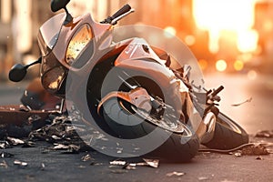 A motorcycle lays on the ground after being hit by a car in the middle of a city street. Road accident concept. Generative AI