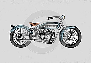Motorcycle or motorbike illustration. engraved hand drawn in old sketch style, vintage transport.