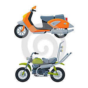 Motorcycle or Motorbike and Scooter as Two-wheeled Motor Vehicle Side View Vector Set photo