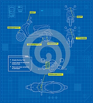 Motorcycle in outline style schematic blueprints Vehicle side front back top dashboard view Industrial image on a blue background