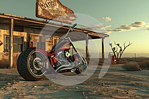 a motorcycle parked in front of an old restaurant in the desert