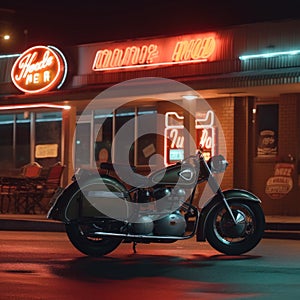 A motorcycle is parked in front of a restaurant. AI generative image.