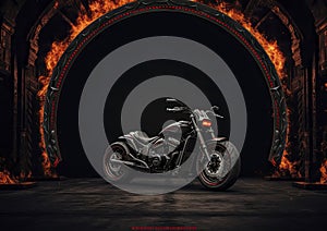 A motorcycle parked in front of a tunnel of fire