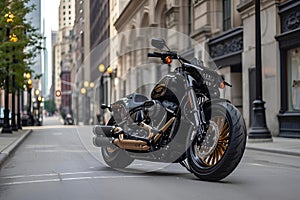 a motorcycle parked on the side of a city street in front of a tall building