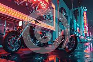 a motorcycle parked on the side of a street near a neon sign