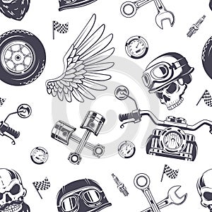 Motorcycle pattern. Extreme travelling symbols bike skull wings helmet exact vector seamless background