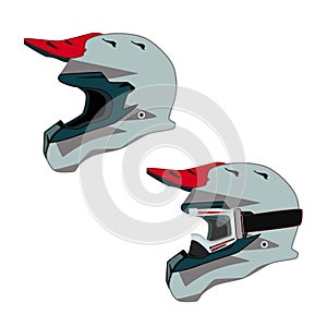 Motorcycle protective helmet and goggles side view vector flat illustration