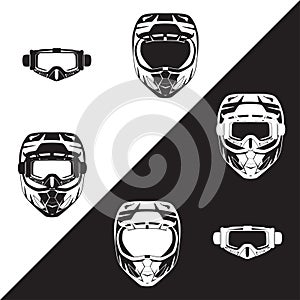 Motorcycle protective helmet and goggles vector black flat illustration