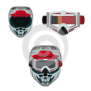 Motorcycle protective helmet and goggles vector flat illustration