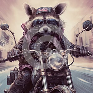 Motorcycle with a raccoon rider on white background