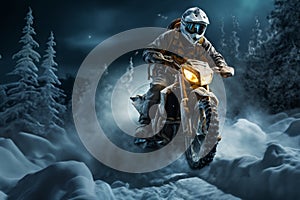 A motorcycle racer is racing in the night forest, a beautiful winter landscape with snow and snowdrifts, wildlife
