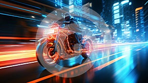 Motorcycle racer speeding through neon track in glowing city at warp speed in blurred motion