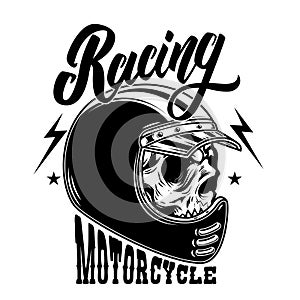 Motorcycle racing. Biker skull in racer helmet. For logo, label, sign, poster, card