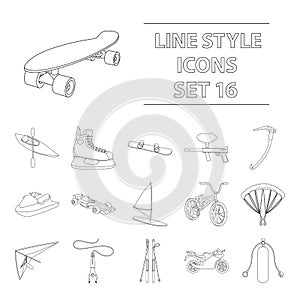 Motorcycle racing, downhill skiing, jumping, parachuting and other sports. Extreme sports set collection icons in