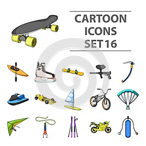 Motorcycle racing, downhill skiing, jumping, parachuting and other sports. Extreme sports set collection icons in
