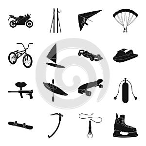 Motorcycle racing, downhill skiing, jumping, parachuting and other sports. Extreme sports set collection icons in black