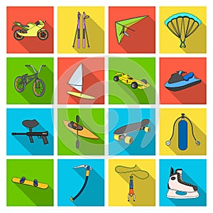 Motorcycle racing, downhill skiing, jumping, parachuting and other sports. Extreme sports set collection icons in flat