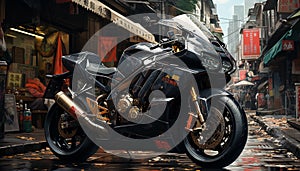 Motorcycle racing, speed, outdoors, land vehicle, engine, chrome, city life, riding, travel generated by AI