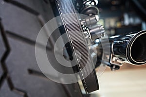 Motorcycle rear belt drive at garage, belt drive reduces maintenance and quieter than chains. maintenance,repair motorcycle