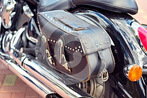 Motorcycle rear and side view black leather bag with rivets for travel Luggage