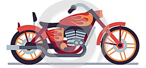 Motorcycle. Red biker motorbike with orange flame graffiti, classic vehicle, road racing, speed extreme driving, modern