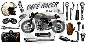 Motorcycle repair. Set of tools for the cafe racer. Bike Gloves Helmet Instruments for motor bicycle. Mending and