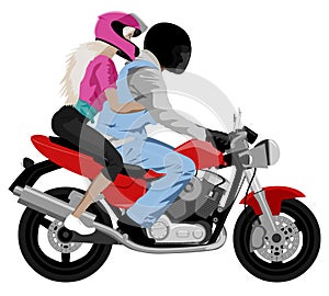 Motorcycle with rider and beautiful girl passenger wearing helmet side view isolated on white vector illustration photo