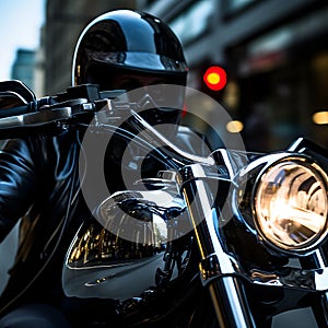 a motorcycle rider in black leather jacket riding down the street