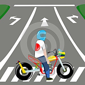 The motorcycle rider confused about three direction. Three way street with direction business vector.Business concept. Road markin