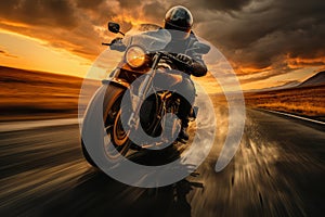 A motorcycle rider cruising on an open road, portraying the thrill of riding and the sense of freedom it brings. Generative AI