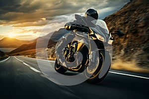 A motorcycle rider cruising on an open road, portraying the thrill of riding and the sense of freedom it brings. Generative AI