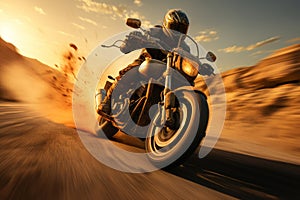 A motorcycle rider cruising on an open road, portraying the thrill of riding and the sense of freedom it brings. Generative AI