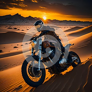 Motorcycle rider in the desert at sunset. 3d illustration.