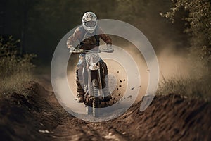Motorcycle rider driving on the mountains and further down the off-road track