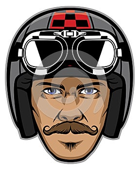 Motorcycle rider with mustache and wearing vintage helmet