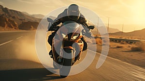 a motorcycle rider rides along a desert road at sunset on his motorcycle