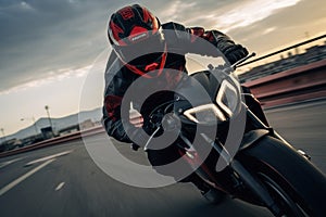 Motorcycle rider on the road. Motocross sport bike, A man wearing a helmet and riding a motorcycle, AI Generated