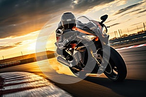 Motorcycle rider on sport bike driving fast on race track at sunset, Motorcycle rider on sport bike rides fast on race track at