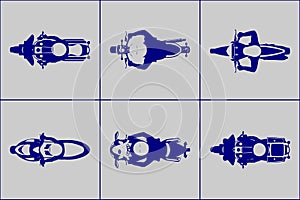 Motorcycle with riders top view icon set