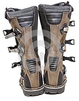 Motorcycle riding high boots for motorcross, isolated on a white background, rear view