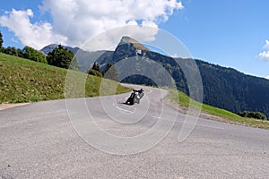 Motorcycle on a road in the French Alps in Haute-Savoie