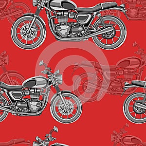 Motorcycle seamless pattern, vector background. Monochrome illustration. Black and white motorcycles with many details