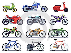 Motorcycle set. Motorbike and scooter, sport bike and chopper. Motocross race and delivery vehicles side view isolated