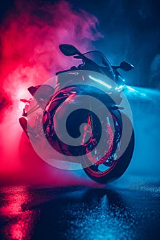 Motorcycle is shown in colorful smoke display giving impression of it being ridden on race track or stunt being